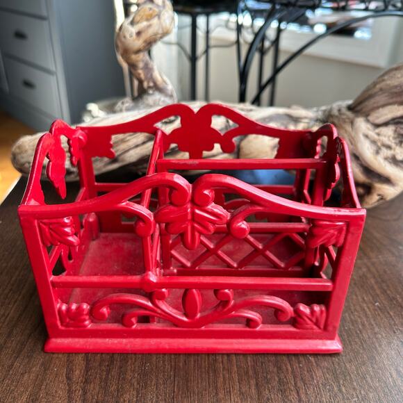 Vintage cast-iron red enamel flatware or desk caddy organizer - Picture 1 of 9
